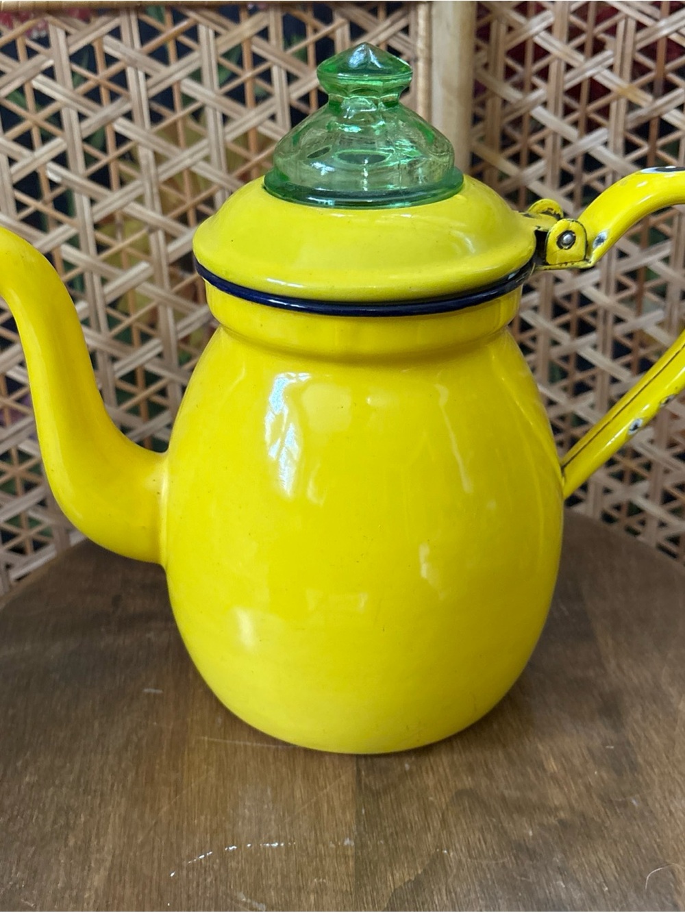 Yellow Enamel Teapot with Green Glass Lid - Home Kitchen
